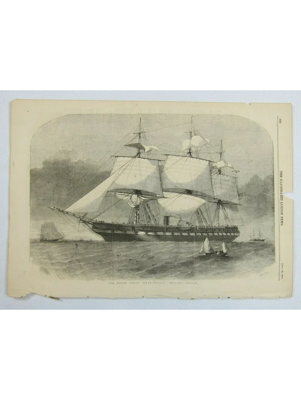 Antique 1856 Print The United States Steam Frigate Merrimack Naval Ship Seascape